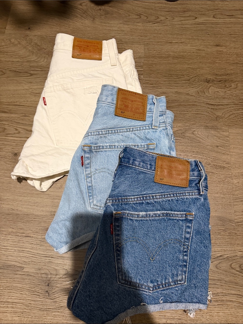 Levi's 501 women’s denim Shorts Trio - White, Light Blue & Dark Blue